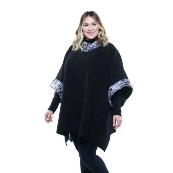 Le Moda Liza Cozy Coat Fleece Poncho with Faux Fur Trim - One Size Fits All - Picture 1 of 2
